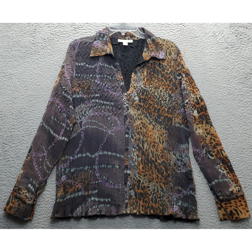 Coldwater Creek Shirt Top Women's L Multi Leopard Print Long Sleeve Button Front